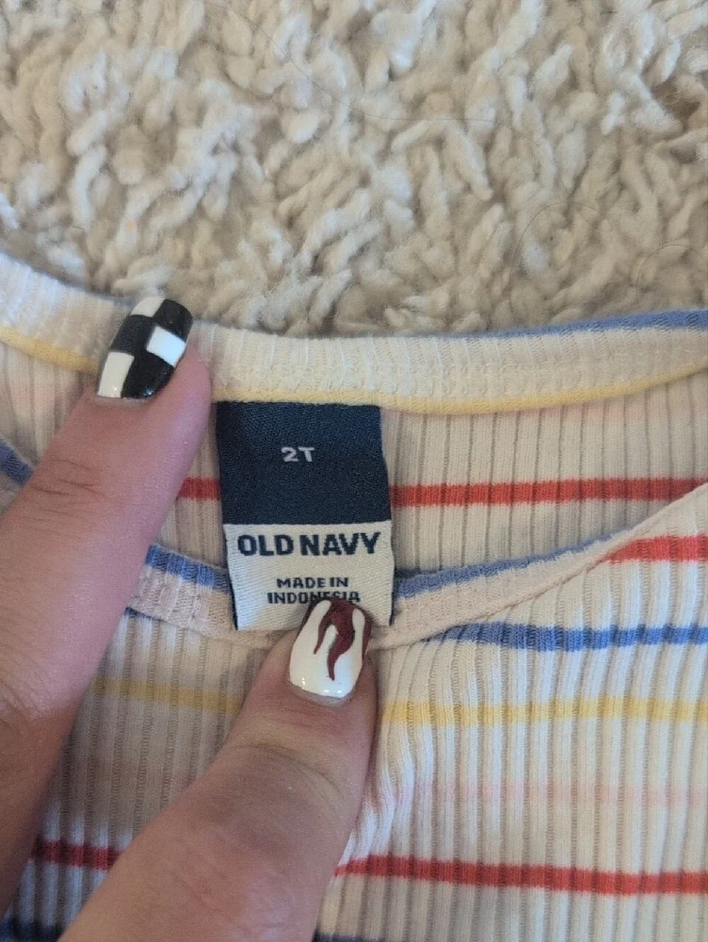 Old Navy Cream Ribbed Long Sleeve Tee with Red, Blue and Yellow Stripes